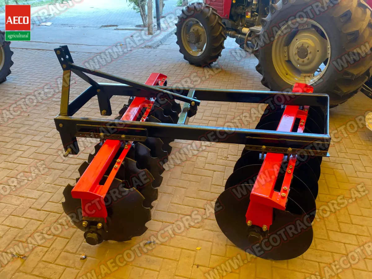 Aeco 14 disc harrow in storage, showcasing its compact design and durable disc blades.