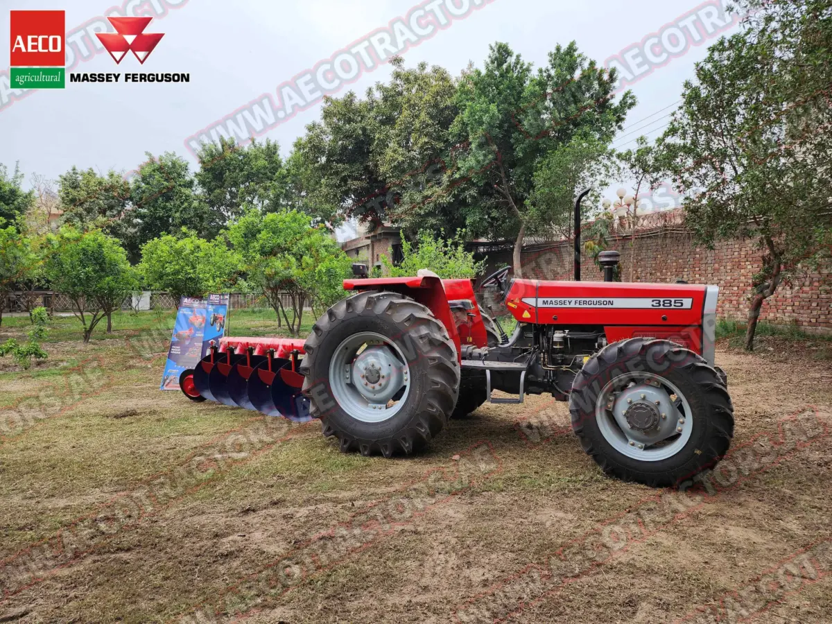 5 disc plough attached to Massey Ferguson tractor.