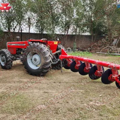 High-quality image of 5 disc plough with tractor.