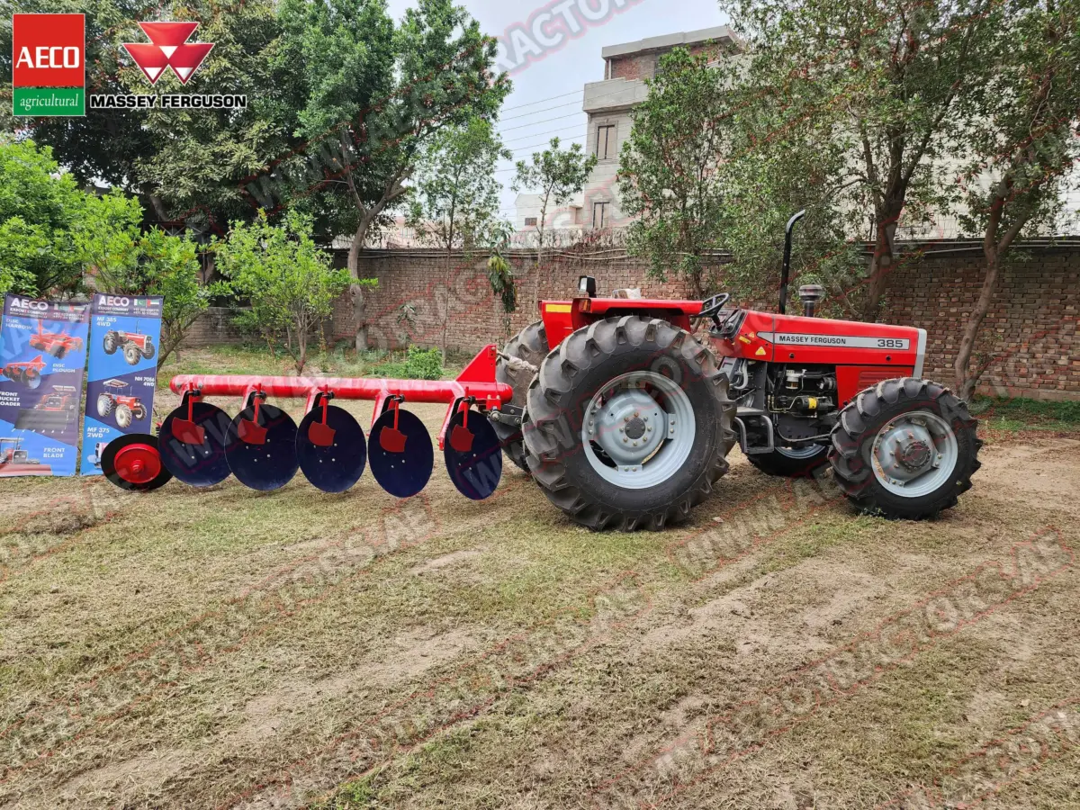 Front view of tractor with 5 disc plough.
