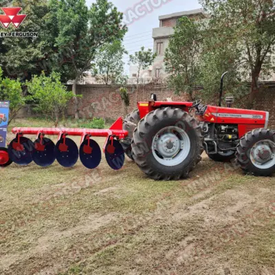 Front view of tractor with 5 disc plough.