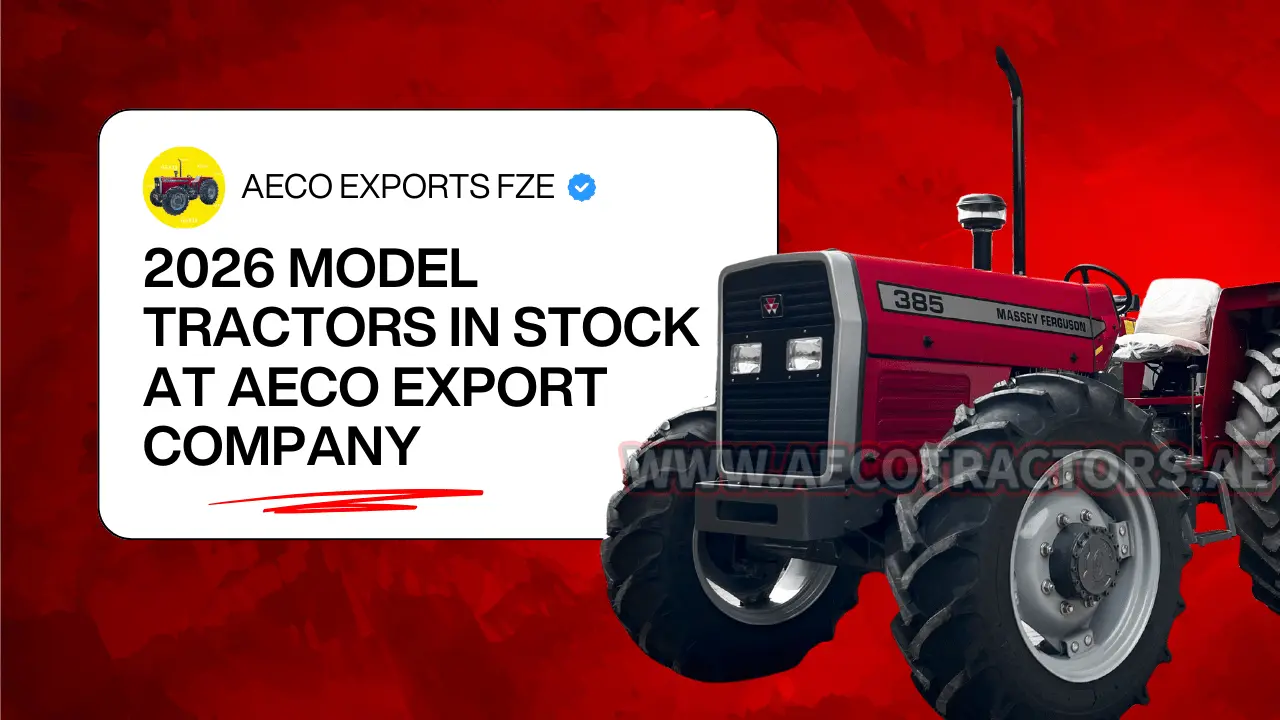 2026 Brand New Massey Ferguson and New Holland tractors lineup at Aeco Export Company warehouse ready for shipping.