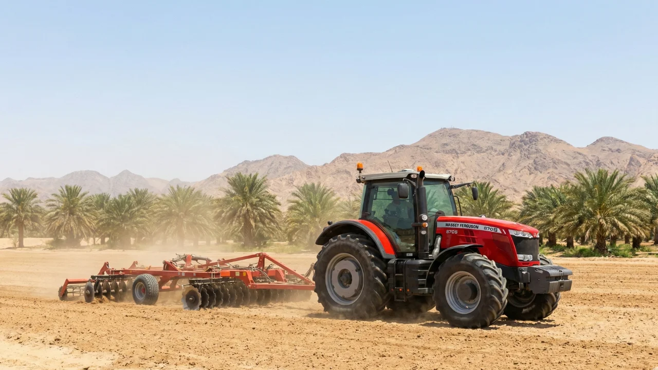 Massey Ferguson tractor working in UAE desert farm during summer